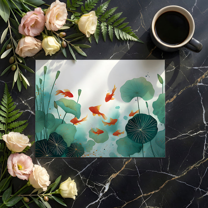 Bright home office space with watercolor goldfish wallpaper creating a calm and creative environment