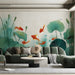 Calm living room decorated with whimsical aquatic koi pond wall art in soft green and orange tones