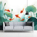 Serene entryway interior featuring a tranquil koi pond wall mural behind a wooden headboard