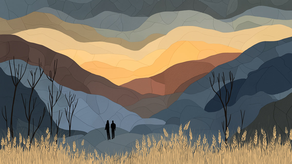 Abstract stained glass mountain landscape mural with charcoal peaks and golden sky