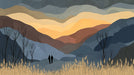 Abstract stained glass mountain landscape mural with charcoal peaks and golden sky