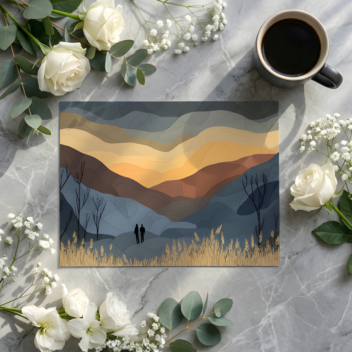 Home office interior with a scenic mountain wallpaper mural and minimalist decor