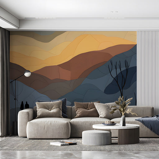 Quiet commercial space featuring a dark abstract mountain mural wallpaper