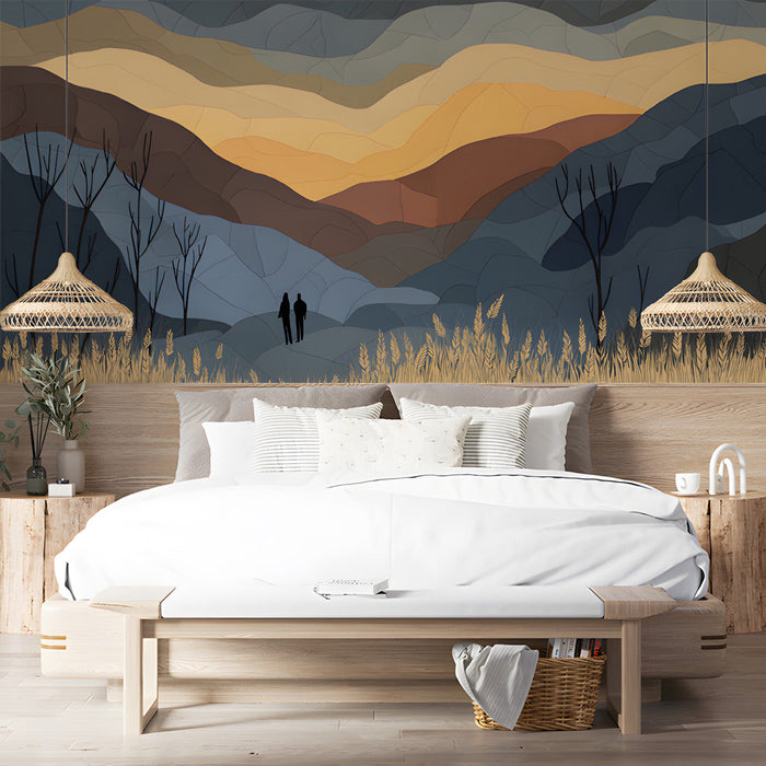 Modern bedroom featuring a mountain landscape mural on the accent wall behind the bed