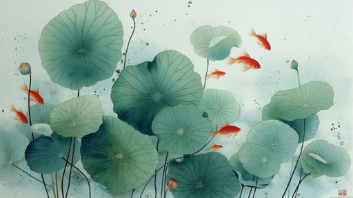 Painterly koi fish swimming among large teal lotus leaves on a pale background