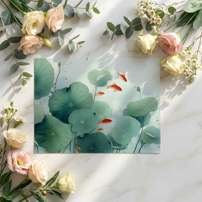 Tranquil bedroom design with a nature-inspired lotus and koi fish wall mural