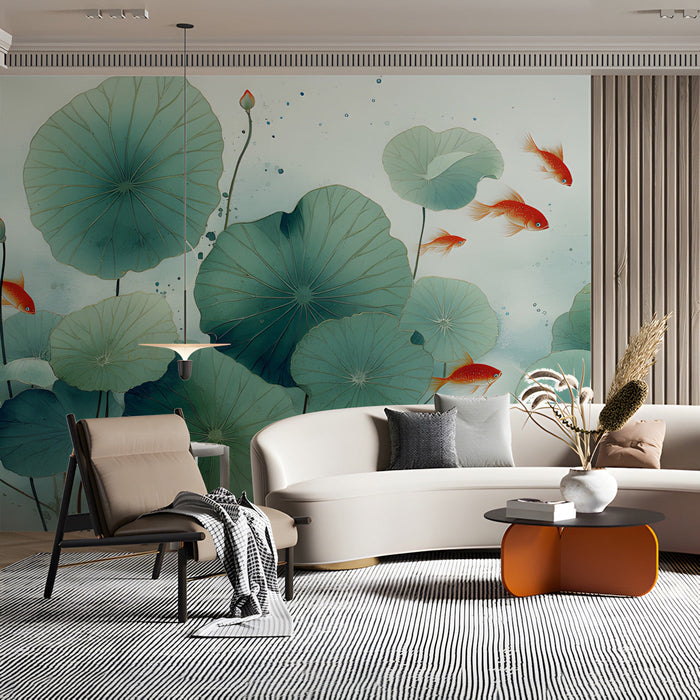 Minimalist living room space accented with a vibrant floral koi pond wallpaper
