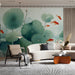 Minimalist living room space accented with a vibrant floral koi pond wallpaper