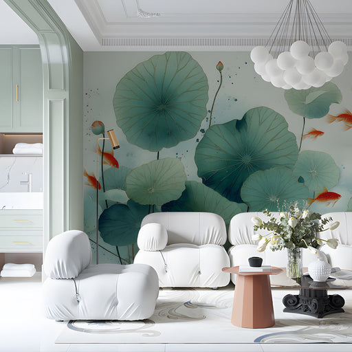 Modern commercial space featuring a serene koi pond mural on a feature wall