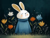 A whimsical illustration of a white rabbit wearing a blue sweater standing in a field of colorful flowers against a dark background.