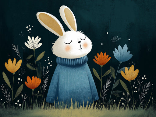 A whimsical illustration of a white rabbit wearing a blue sweater standing in a field of colorful flowers against a dark background.