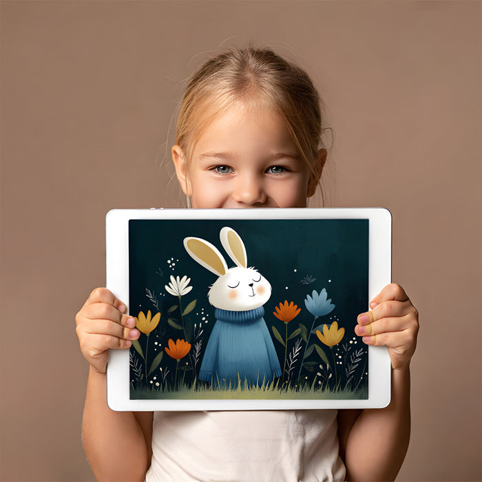 A playful bedroom wall mural with a charming rabbit character in a blue sweater.