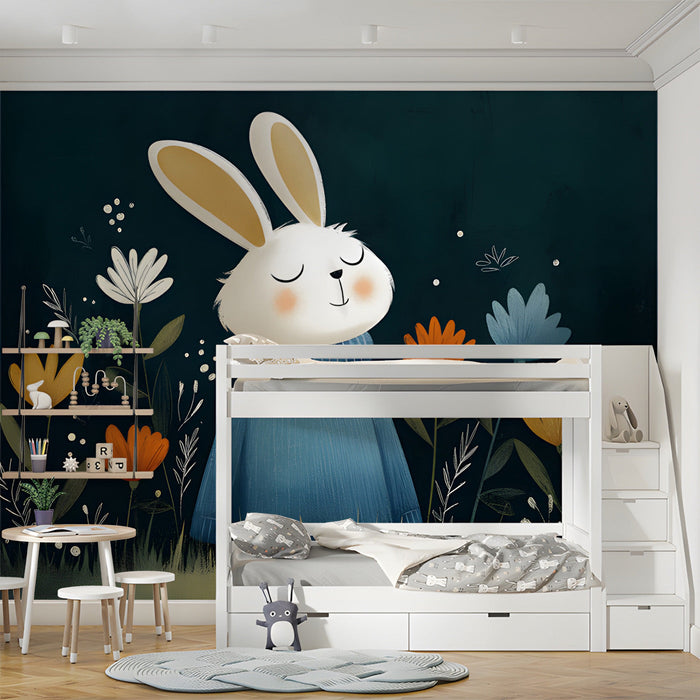 A creative study room wall featuring a dark, whimsical meadow illustration with a rabbit.