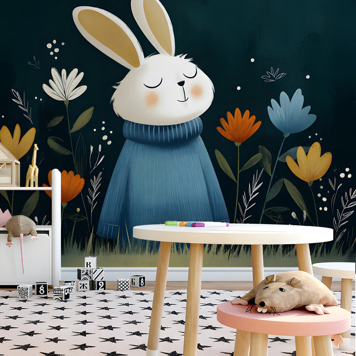 A cozy nursery featuring a whimsical rabbit mural on the main wall with wooden crib decor.