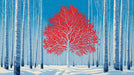 Graphic winter forest scene with tall blue birch trees and a single vibrant red-leafed tree under a blue sky