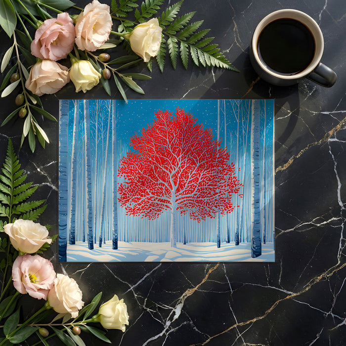 Minimalist bedroom interior with a striking red tree forest mural above the bed headboard
