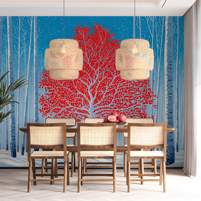 Creative dining room with a winter forest wall mural providing a colorful focal point