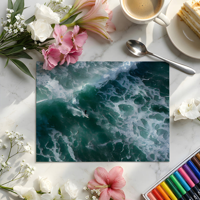 Large-scale ocean wave wallpaper installed in a modern home office