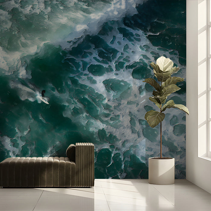 Surfer wave wall mural in a living room with sleek, understated furniture