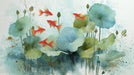 Watercolor koi fish swimming among oversized green and blue lotus leaves on a splattered white background