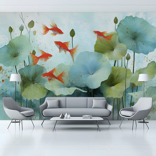 Modern living room featuring a watercolor koi pond wallpaper mural behind a velvet sofa