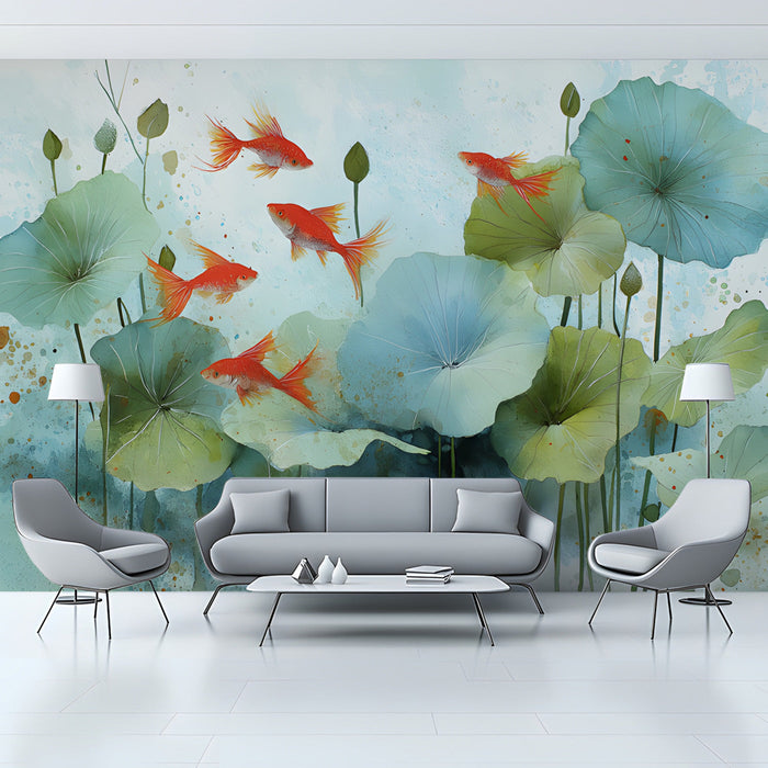 Modern living room featuring a watercolor koi pond wallpaper mural behind a velvet sofa