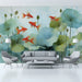 Modern living room featuring a watercolor koi pond wallpaper mural behind a velvet sofa