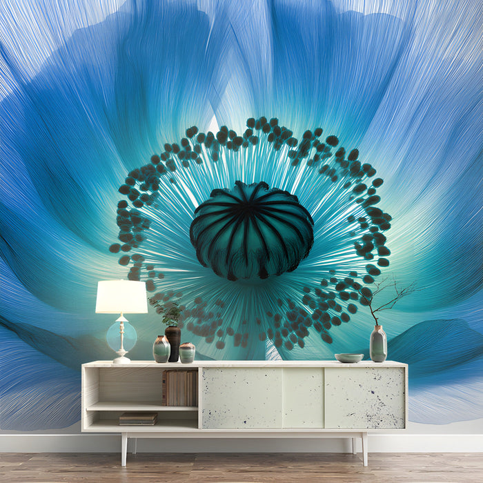 Modern bedroom featuring a large blue poppy flower mural behind a neutral headboard