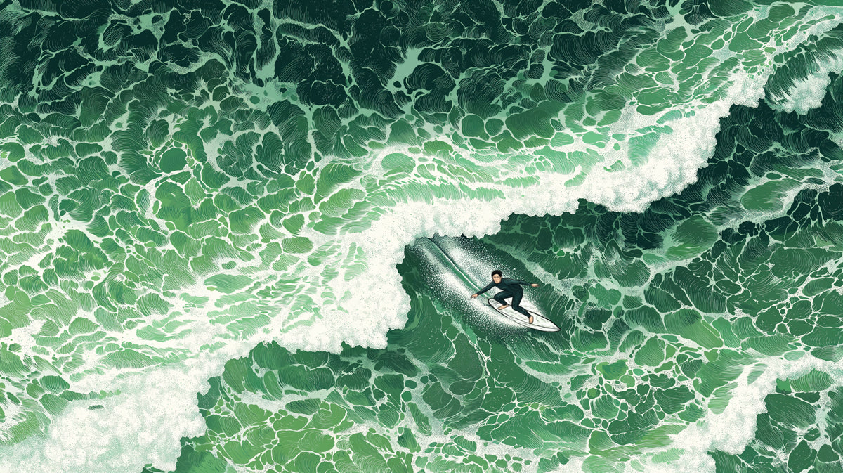 Aerial view of an emerald green ocean wave with a surfer carving a line in an artistic illustration style