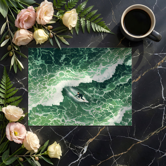 Creative home office with an emerald sea wave wallpaper backdrop and a sleek wooden desk