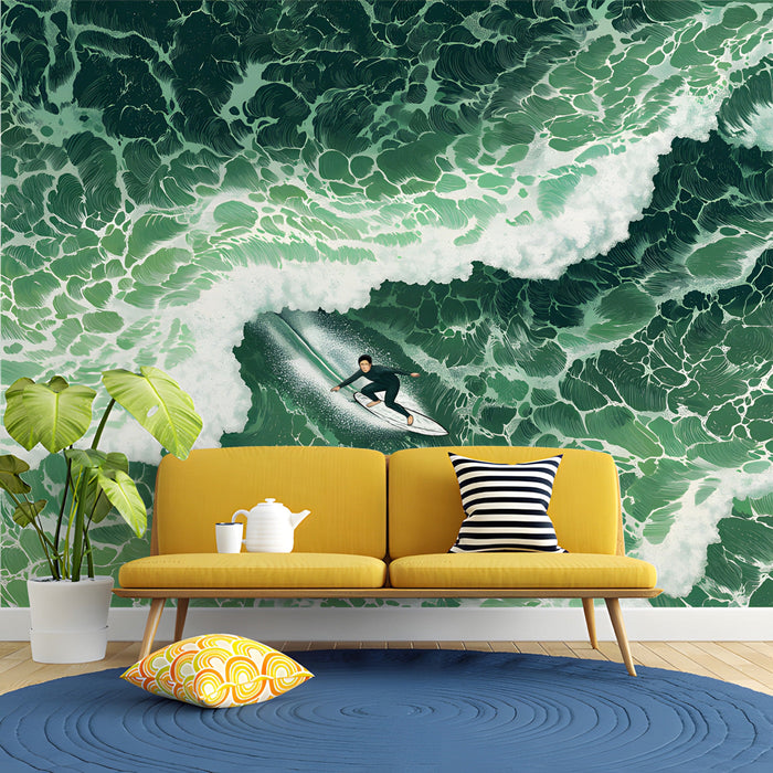 Adventure-themed study decorated with a stylized dark green ocean and surfer wave mural