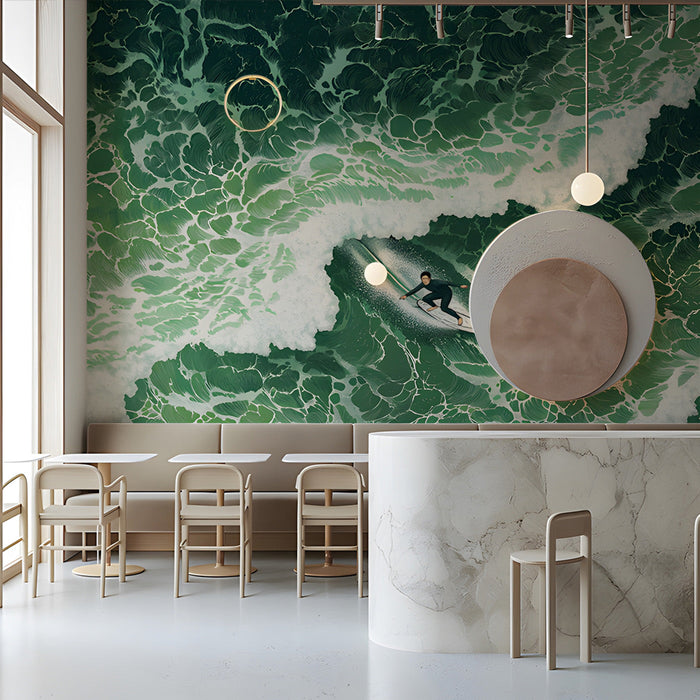 Modern bar featuring a large-scale ocean wave mural behind a minimalist gray sofa