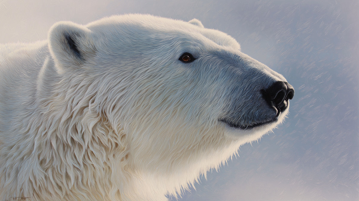 Close-up of a polar bear head in profile with thick white fur and cool blue background
