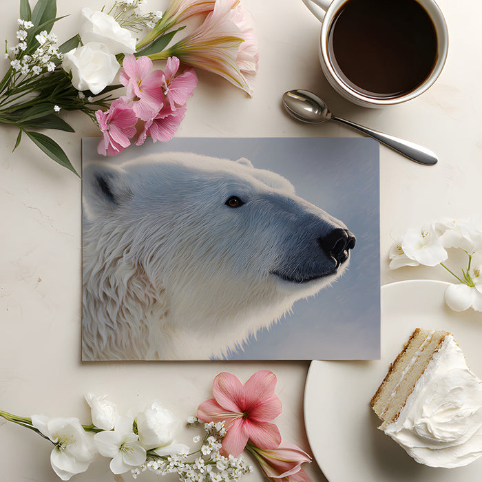 Minimalist home office with a polar bear art wallpaper on the primary wall