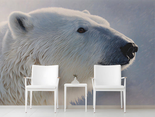 Modern entryeay featuring a large-scale polar bear mural behind a wood-frame bed