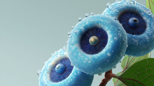 Macro close-up of fuzzy blue botanical spheres with dew droplets on a pale mint background