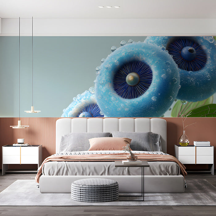 Creative studio workspace with a surreal macro botanical wallpaper feature wall