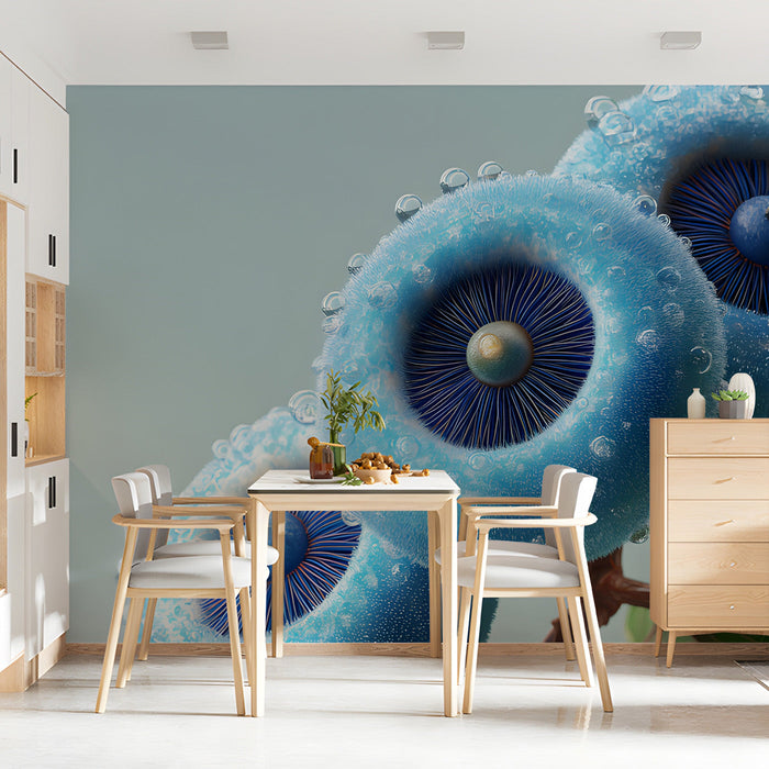 Modern dining room featuring a vibrant blue floral mural behind a minimalist beige sofa