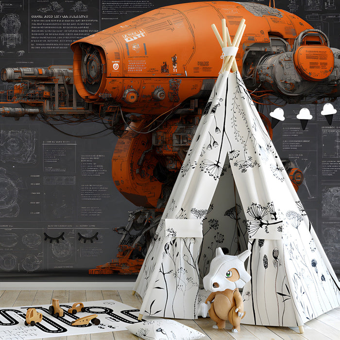 Modern creative nursery with large-scale mechanical robot engineering blueprint wallpaper