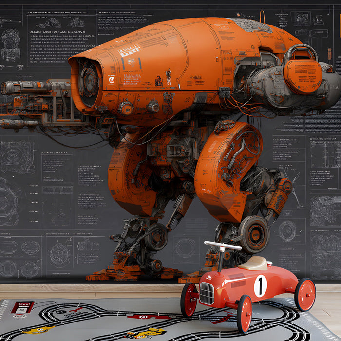 Futuristic playroom featuring a mecha blueprint wall mural as a tech-inspired background