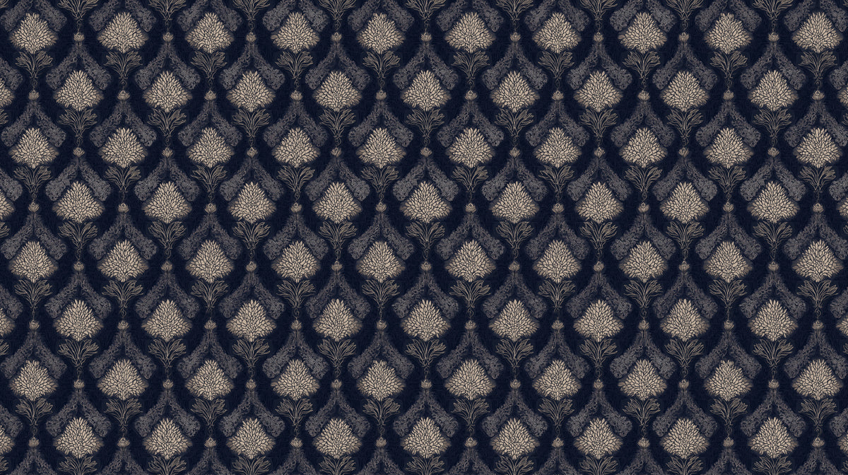 Ornate damask floral pattern in pale beige on a textured midnight navy background