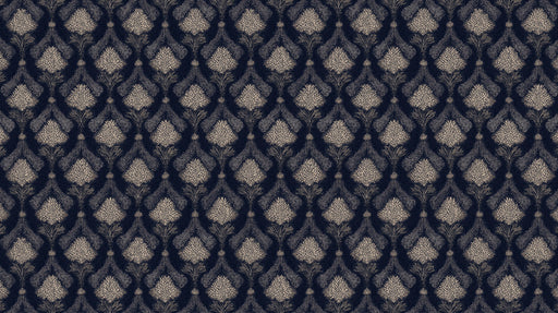 Ornate damask floral pattern in pale beige on a textured midnight navy background