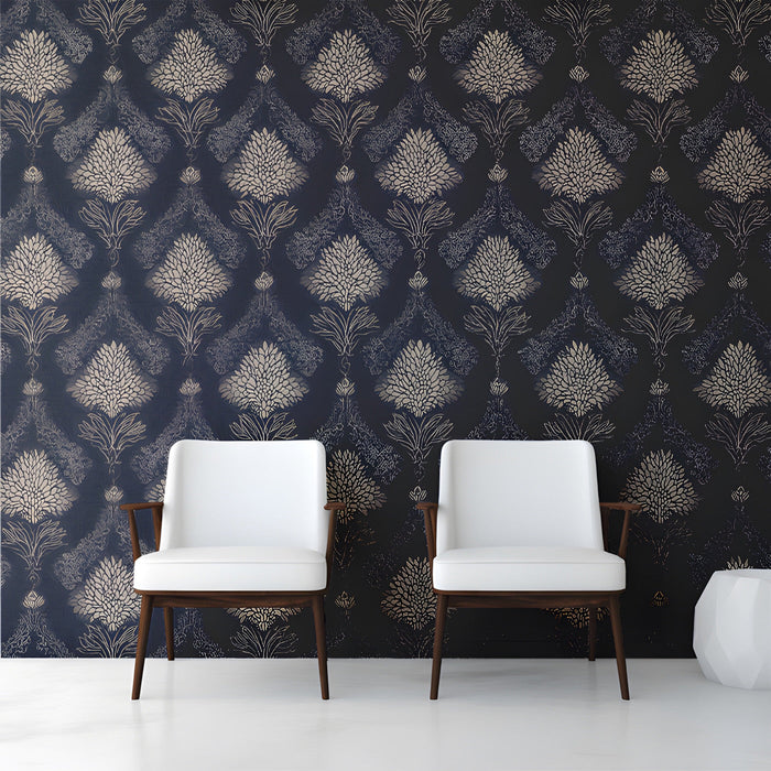 Classic home study interior with intricate navy damask wall decor