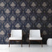 Classic home study interior with intricate navy damask wall decor