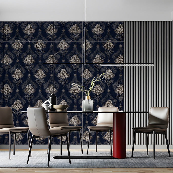 Sophisticated dining room featuring a dark navy and beige damask feature wall