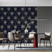 Sophisticated dining room featuring a dark navy and beige damask feature wall