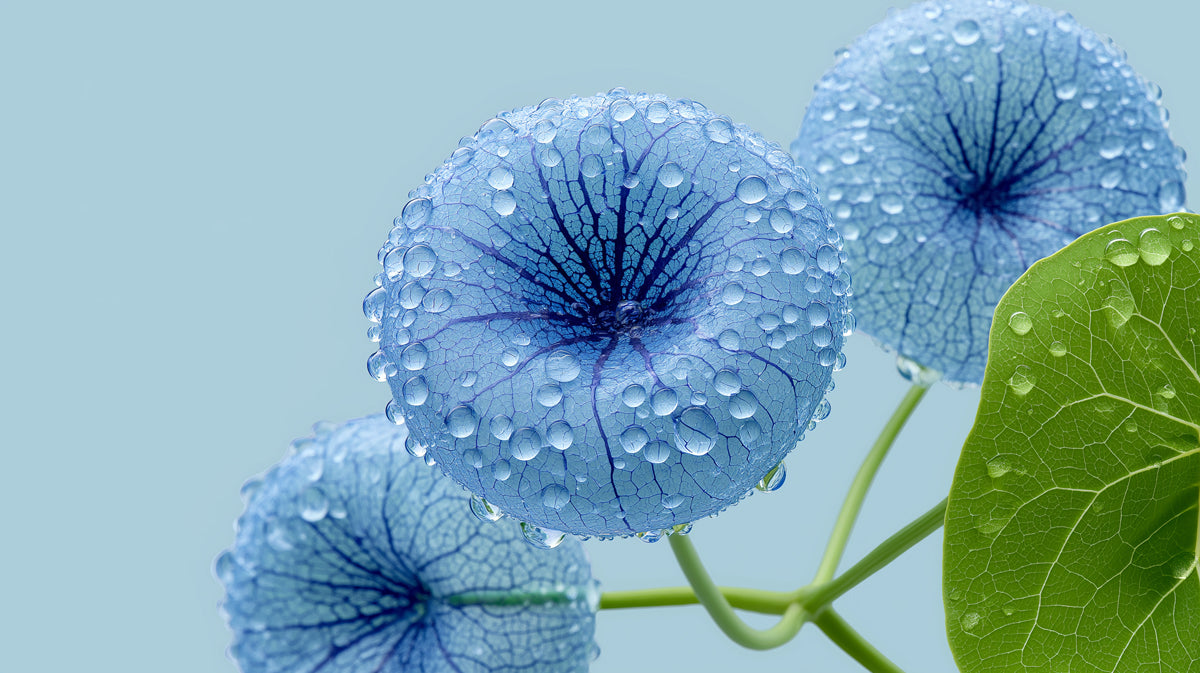 Macro shot of blue dewy botanical flowers with intricate veins on a pale blue background
