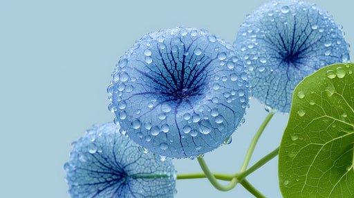 Macro shot of blue dewy botanical flowers with intricate veins on a pale blue background