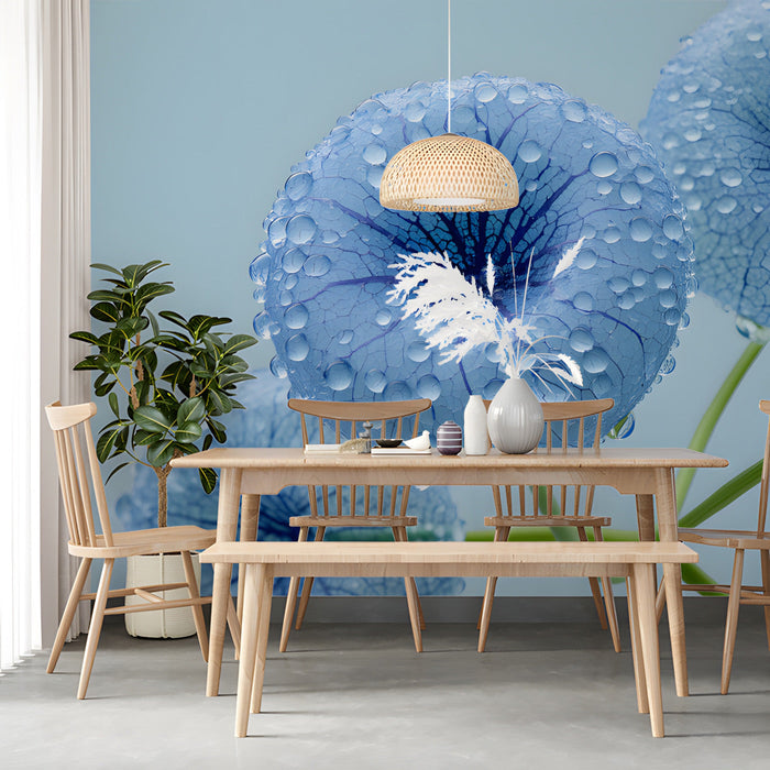 Dewy blue plant mural wall design in a calm modern dining room space