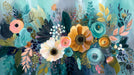 Abstract floral mural wallpaper with teal, ochre, and peach oil-painted flowers